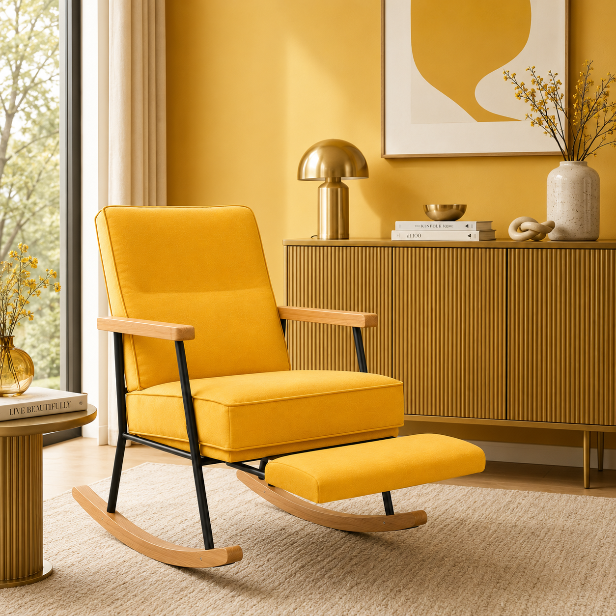 Rocking Chair YELO en coton-lin – vue trois quarts