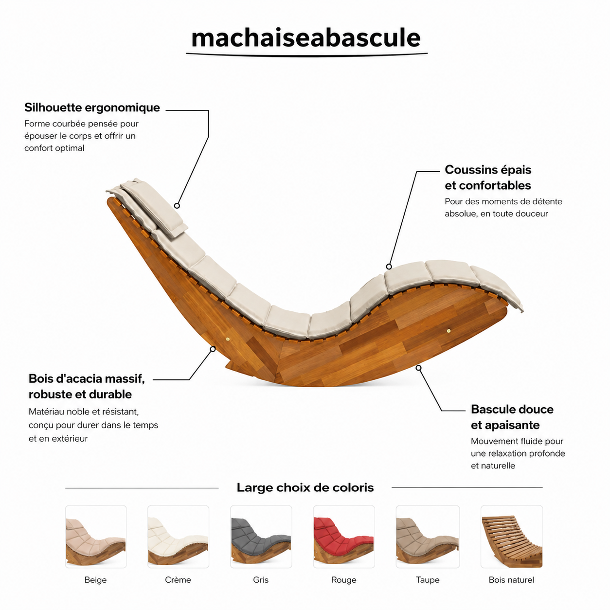 Rocking Chair BEA en avant allongé en Bois d'Acacia