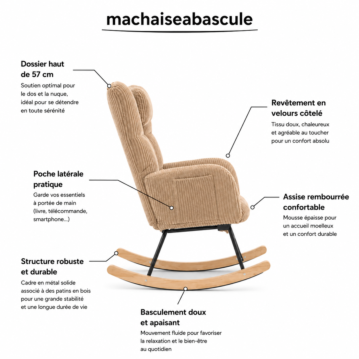 Rocking Chair CORDY en velours côtelé