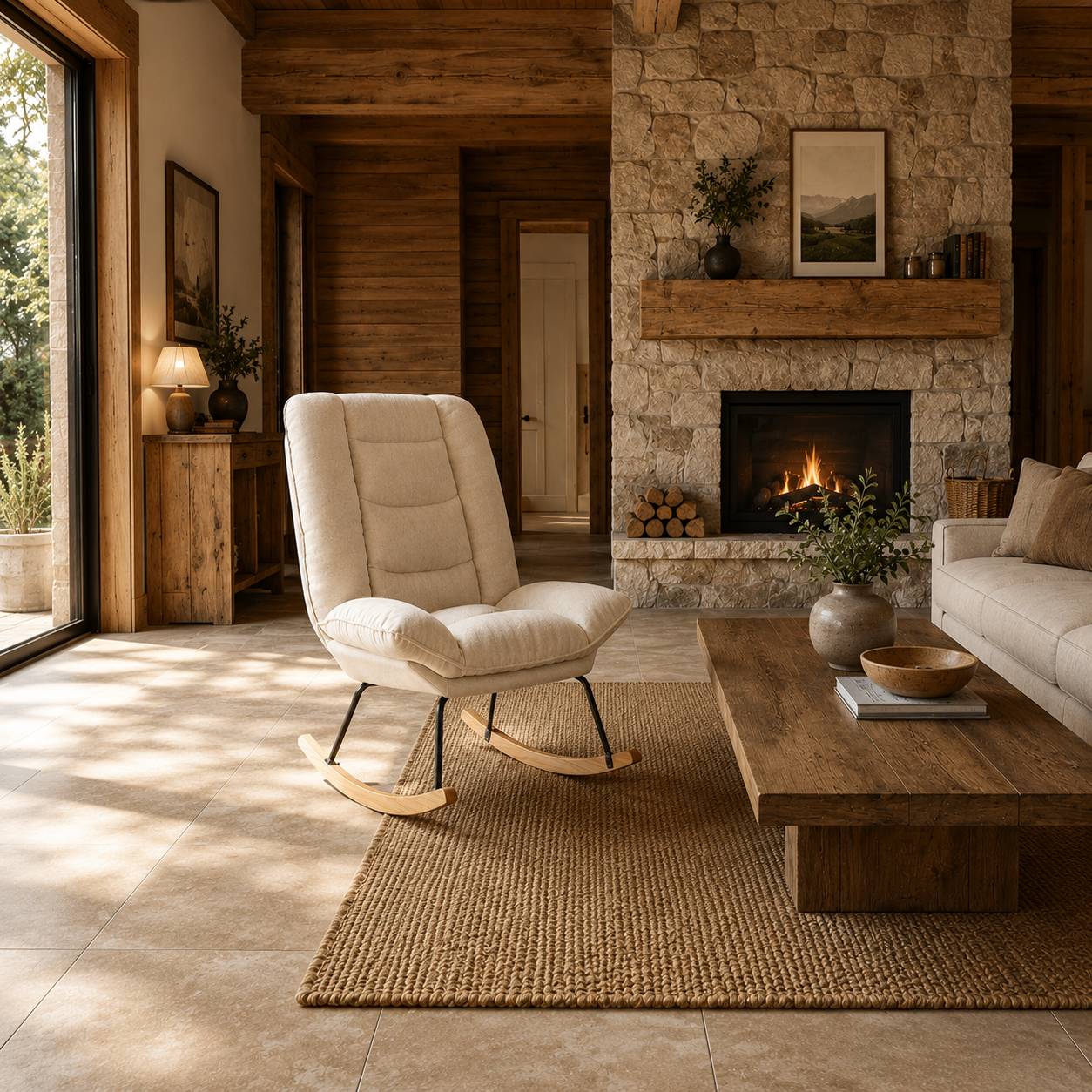 Rocking Chair LINO en tissu lin
