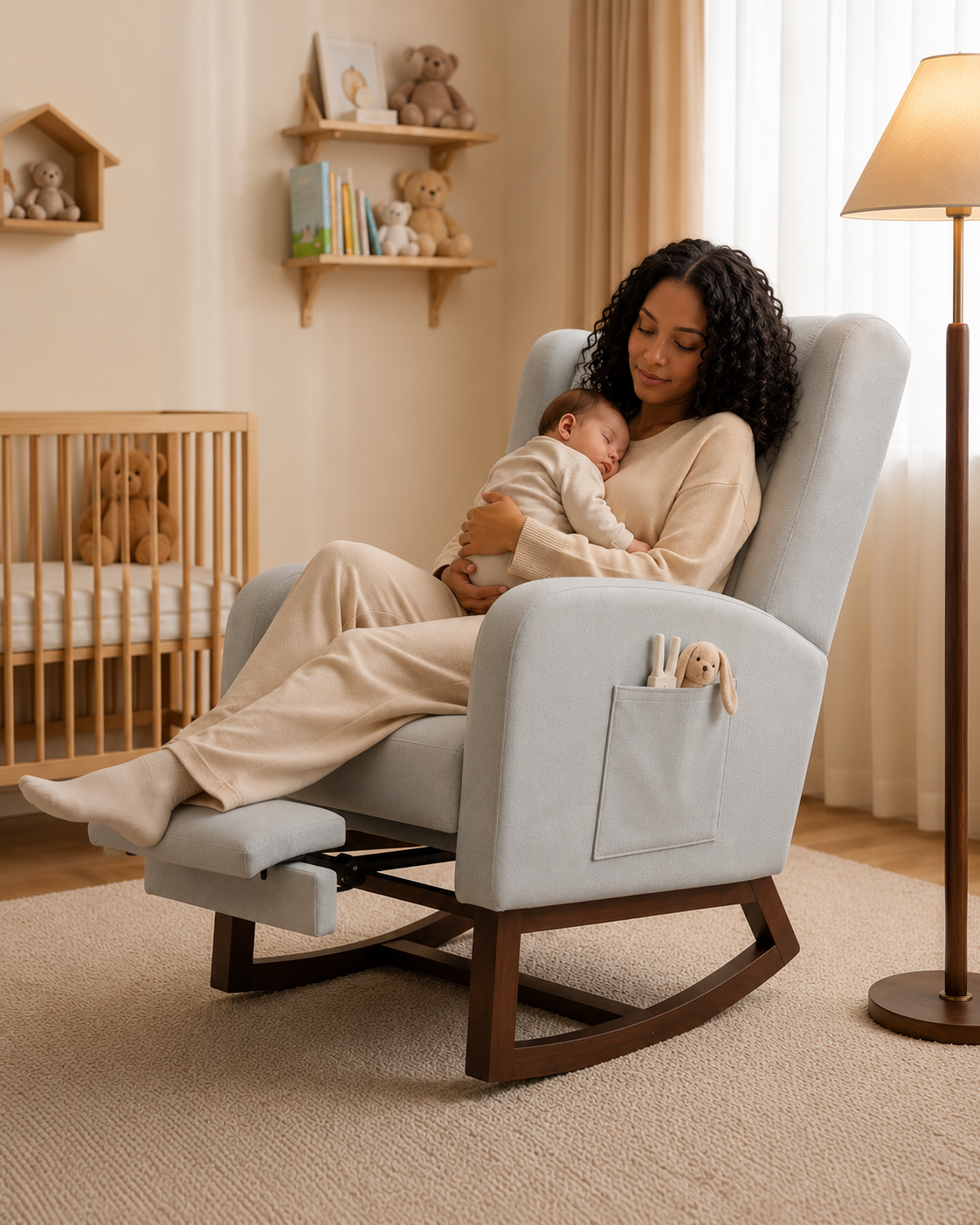 Mère berçant son bébé dans un fauteuil d'allaitement