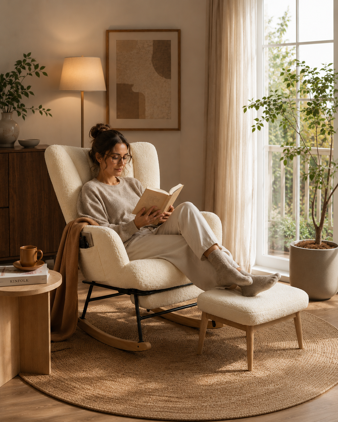 Femme lisant dans une chaise à bascule d'intérieur avec repose-pieds