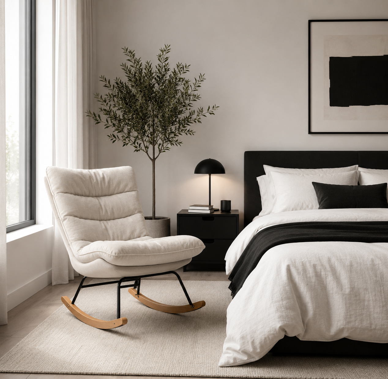 Rocking Chair MELO en tissu lin – vue trois quarts