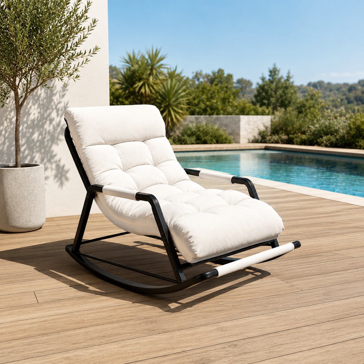 Rocking Chair OKLO en tissu capitonné – vue trois quarts